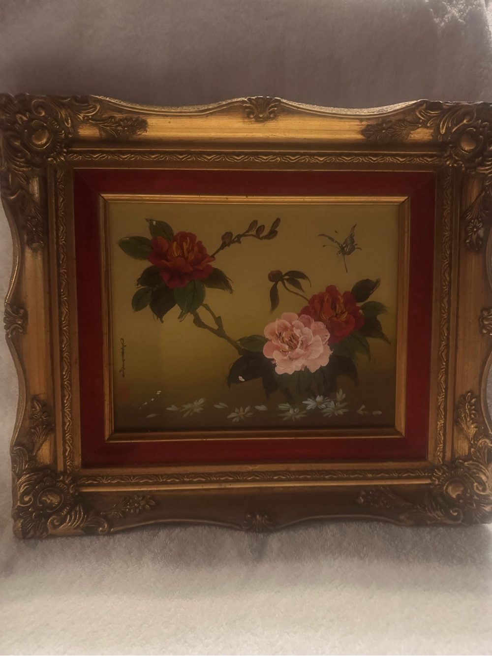 Vintage Asian Inspired Framed Oil painting floral Signed. - Picture 7 of 9